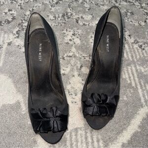 Nine West Black Satin Ruffle Peep Toe Pump Heel